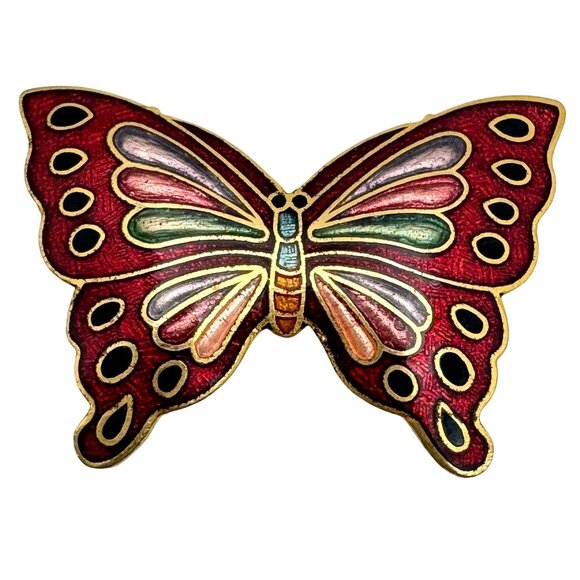 Vintage Cloisonné Butterfly Belt Buckle Bolo Tie Red Gold Purple Blue 1.5 Inch - Picture 1 of 8